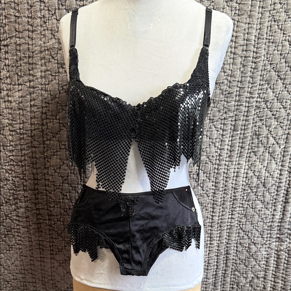 Black  Metal Sequin Lingerie Set